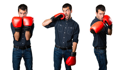 Wall Mural - Set of Brunette man with boxing gloves