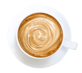 Top view of hot coffee latte cappuccino spiral foam isolated on white background, clipping path included