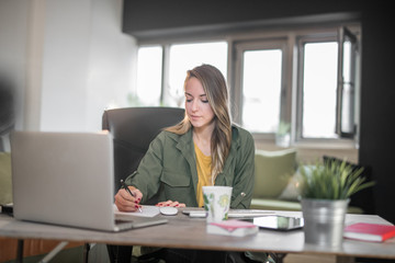 Young woman working at home on computer