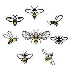 honey bee icons. set of honey and bee labels for honey logo products. isolated insect icon. flying b
