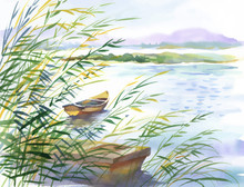 Watercolor Illustration Of Rural Landscape With Boat.