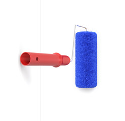 3d rendering of paint roller in top view with red handles and blue fluffy covers.