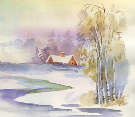 Watercolor winter landscape illustration.