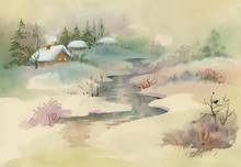 Watercolor Rural House In Winter Day Illustration.