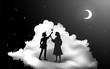 Peter Pan story, Peter Pan and Wendy standing on the cloud, fairy night,