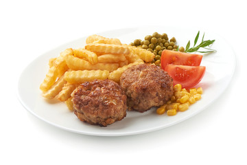 Wall Mural - Fried cutlets with patato fries, isolated on white background.