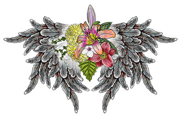 Wall Mural - Mother's day drawing layout design with roses, flowers and bird wings. Concept for, flyer, card, invitation. Angel wings and blooming lily, roses Blackwork tattoo in feminine style. Vector.