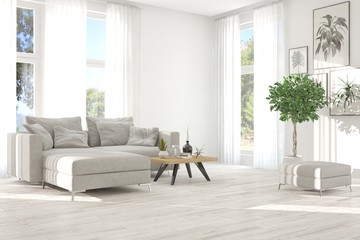 Idea of white room with sofa and summer landscape in window. Scandinavian interior design. 3D illustration