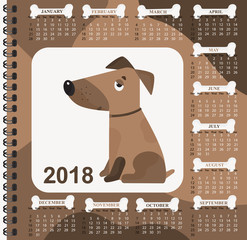 Year of the Dog. Wall Calendar for 2018 from Sunday to Saturday.