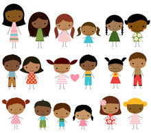 Cute Group Of Stick Figures Kids - Boys And Girls With Dark Skin