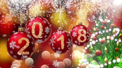 Wall Mural - red balls with numbers 2018 hanging on the background of a bokeh and a rotating christmas tree. 3d r