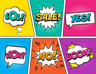 Wall Mural - retro comic speech bubbles set on colorful background. expression text lol, no, wow, yes, sale, boom