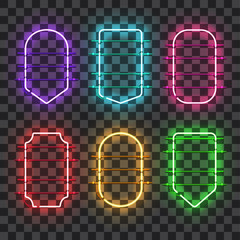 Wall Mural - set of realistic glowing neon frames of different colors isolated on transparent background. shining
