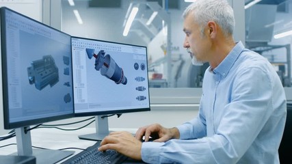 Wall Mural - Senior Industrial Engineer Working on a Personal Computer with Two Displays, He's Designing New Efficient Engine in CAD Program. 