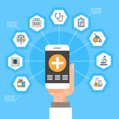 Wall Mural - hand hold smart phone with medical application medicine icons social network online treatment concep