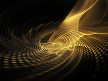 Abstract Golden Background Element On Black. Fractal Graphics. Three-dimensional Composition Of Glowing Lines And Mosaic Halftone Effects.