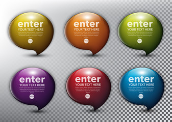Wall Mural - Abstract glossy speech bubbles set of 6. Bubble balloons quote. Isolated with realistic, transparent glass shine and shadow on the light background. Vector illustration. Eps10.