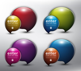Wall Mural - Abstract glossy speech bubbles set of 4. Bubble balloons quote. Isolated with realistic, transparent glass shine and shadow on the light background. Vector illustration. Eps10.