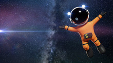3d Cartoon Astronaut Character With Orange Space Suit Presenting An Empty Space Lit By The Sun And The Stars Of The Galaxy (3d Render)
