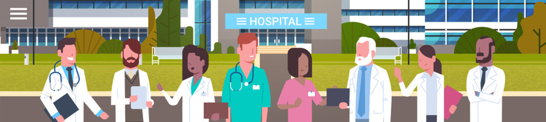 Wall Mural - Group Of Medical Doctors Standing In Front Of Hospital Building Exterior Horizontal Banner Flat Vector Illustration