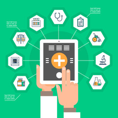Wall Mural - hand hold digital tablet with medical application medicine icons social network online treatment con