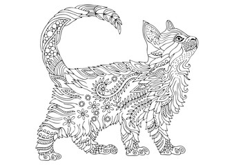 Hand drawn cat. Sketch for anti-stress adult coloring book in zen-tangle style. Vector illustration for coloring page.