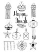 Set of line art vector hand drawn Diwali doodle objects.