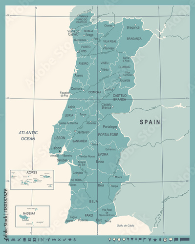 Fotografía Portugal Map - Vintage Vector Illustration