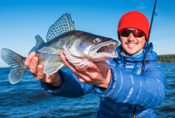 Happy young angler with Zander fish on a natural lake background