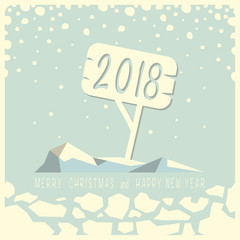 Wall Mural - Iceberg with a sign and numbers two, zero, one and eight on it. Under the iceberg ice and the phrase merry Christmas and happy new year.