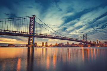 Wall Mural - Ben Franklin Bridge in Philadelphia at sunset.