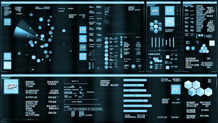 Light blue futuristic interface/Digital screen/Detailed abstract background. Blinking and switching indicators of command center computer,processing data, AI.