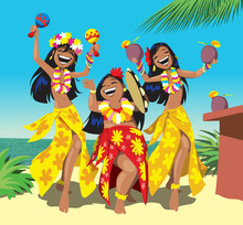 Havaii Party. Three Young Hula Girls Dancing On The Beach With A Cocktail. Cartoon Vector Illustration