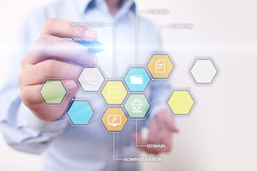 Wall Mural - CMS. Content management system applications icons on virtual screen. Business, internet and technology concept.
