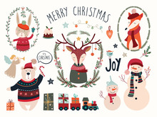 Christmas Elements Collection With Deer And Seasonal Hand Drawn Elements