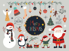 Christmas Elements Collection With Santa And Snowman