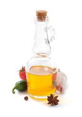 Poster - bottle of oil isolated and spices at white