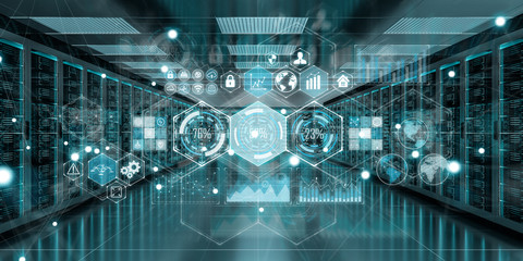 Fototapete - Graph holograms flying over server room data center 3D rendering