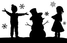 Kids Making Snowman Christmas Silhouette Scene