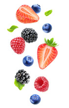 Isolated Fresh Berries In The Air. Falling Blackberry, Raspberry, Blueberry, Strawberry Fruits And Mint Leaves Isolated On White Background With Clipping Path