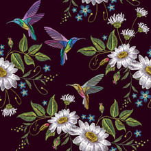 Humming Bird And Chamomile Embroidery Seamless Pattern. Template For Clothes, Textiles, T-shirt Design. Beautiful Hummingbirds And White Chamomile Embroidery On Black Background
