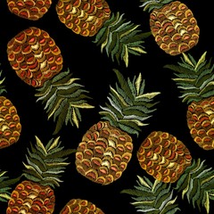 Embroidery pineapple seamless pattern. Classic embroidery tropical pineapple pattern. Summer template for clothes, textiles, t-shirt design