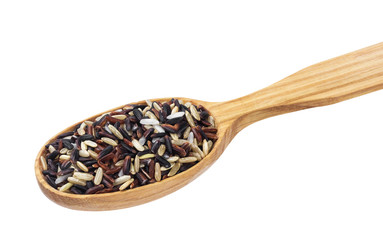 Wall Mural - Mixed rice in wooden spoon isolated on white background. Black, red, brown, basmati rice mix