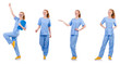 © Elnur - Pretty dancing  doctor  in blue uniform with documents  isolated