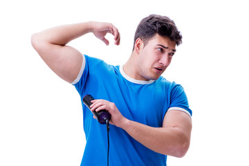 Man sweating excessively smelling bad isolated on white backgrou