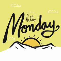 Hello Monday word on sun raise cartoon vector illustration