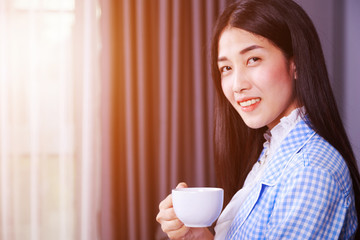 Sticker - happy business woman with coffee or tea cup