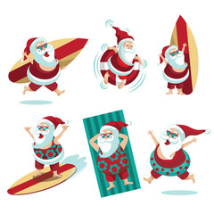 Santa Claus beach collection. Christmas illustration of group of Santa Claus in a warm climate. EPS 10 vector.