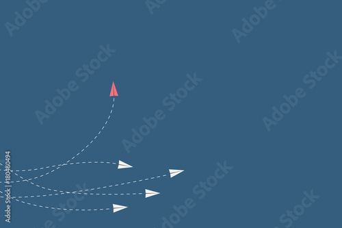 Fotografía Minimalist stile red airplane changing direction and white ones
