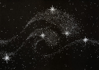 black and white hand drawn illustration of stars in the night sky shaped like two great shiny waves